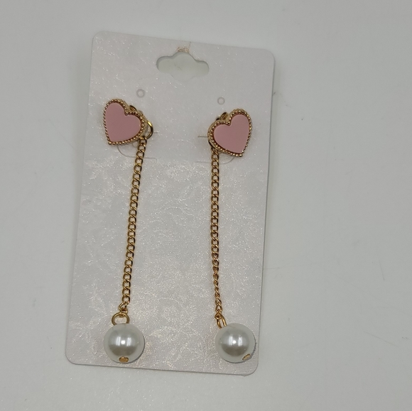Pink Hearts and pearl dangling chain earrings with gold hardware - Picture 6 of 6